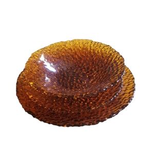 Vintage AMBER Art Glass Pebbled Textured set of 3 dishes Bowl Plates